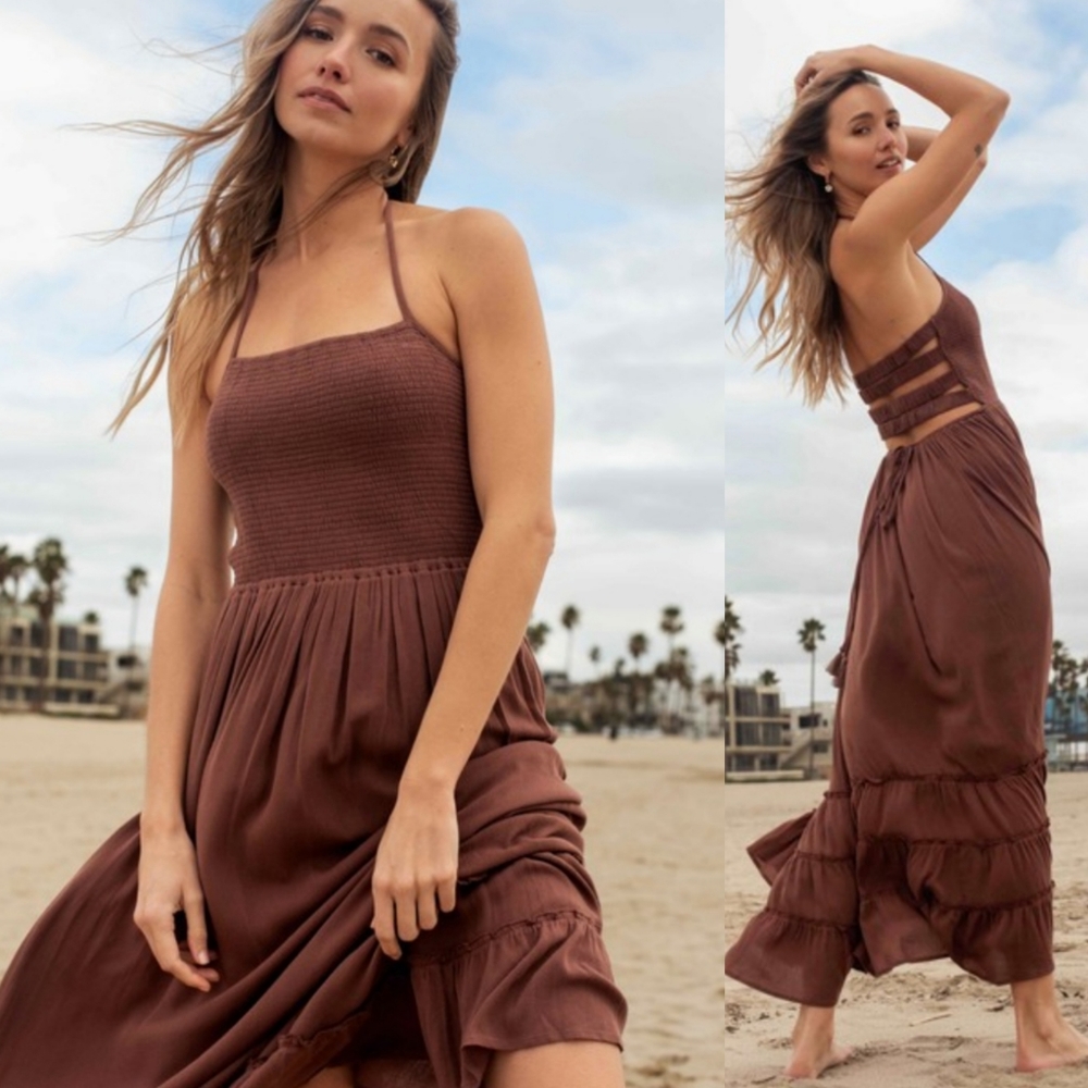 Brand New SMOCKED LATTICE BACK HALTER MAXI DRESS
